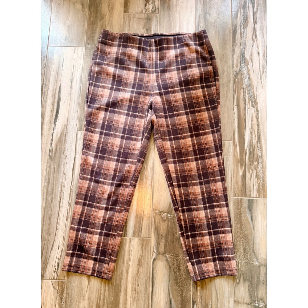 Versona Women Brown Plaid Pull On Ankle Pants Size L Elastic Waist Stretch Leg